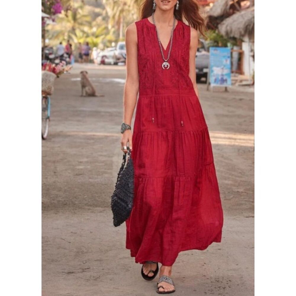 NWT Sundance Red Pleated Verity Emboridered Tiered Maxi Dress Women's Small